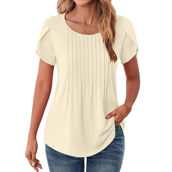 Tiqkatyck Womens Tops Clearance, Womens Solid Color Casual Round Neck Pleated Line Chest Petal Short Sleeve T Shirt Top Blouse T Shirts for Women Dress Tops for Women Beige Shirt L