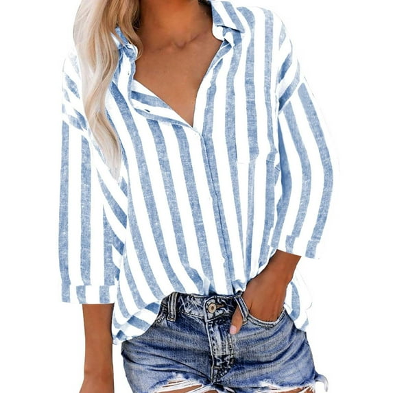 Tiqkatyck Womens Tops Cotton Linen Stripe Shirts for Women 3/4 Length Sleeve Tops Lapel Button Down Blouses Loose Casual Work Shirts Striped Women Button Down Shirts for Women Blue XXL