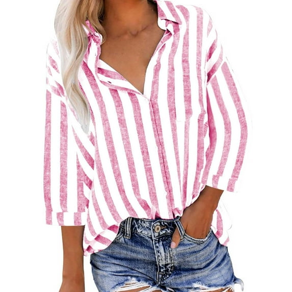 Tiqkatyck Womens Tops Cotton Linen Stripe Shirts for Women 3/4 Length Sleeve Tops Lapel Button Down Blouses Loose Casual Work Shirts Striped Women Button Down Shirts for Women Hot Pink XL