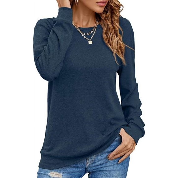 Tiqkatyck Womens Tops on Sale, Womens Casual Long Sleeve Basic Shirt Casual Loose Fit Crewneck T Shirts Basic Tee Soft Long Sleeve Shirts for Women, Navy Shirt L