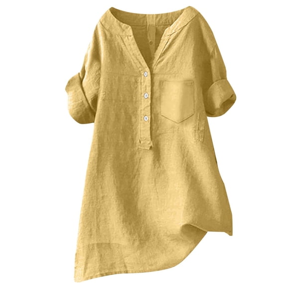 Tiqkatyck Womens Tops On Sale Loose Button Shirt Top Stand Solid Color Short Sleeve Collar Casual Women's Shirt Plus Size Tunic Tops Summer Tops for Women 2025 Yellow XL