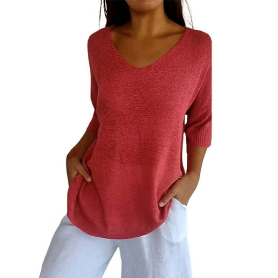 Tiqkatyck Womens Tops on Sale, Womens Short Sleeve Sweaters Tops V Neck Pullover Knit Shirts Loose Fit Blouses Basic Shirts for Women Blouses for Women Dressy Casual Red XXXL