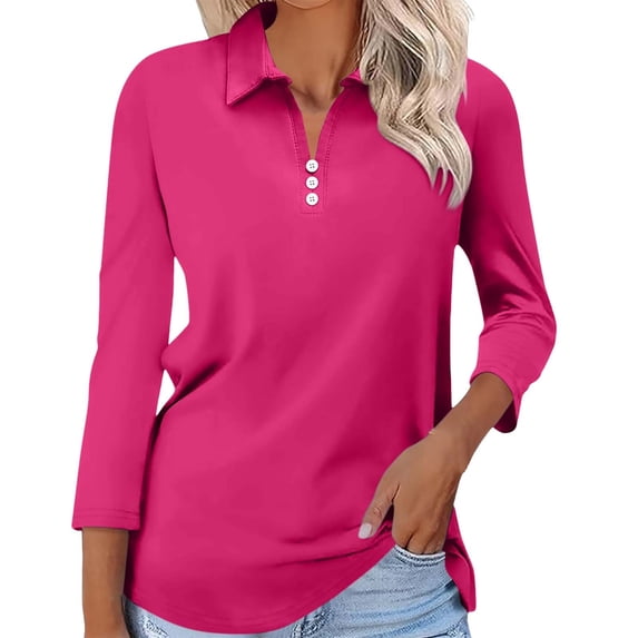 Tiqkatyck Womens Tops on Sale, Women's 3/4 Sleeve Tops V Neck Button Shirts Casual Basic Tees Blouse Long Sleeve Shirts for Women, Polo Shirts for Women Red XL