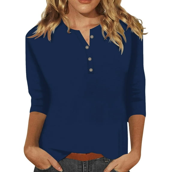 Tiqkatyck Womens Tops on Sale, Women's Fashion Button Up 3/4 Sleeve Solid Color T Shirt Shirt Top Long Sleeve Shirts for Women Blouses for Women Dressy Casual Navy M