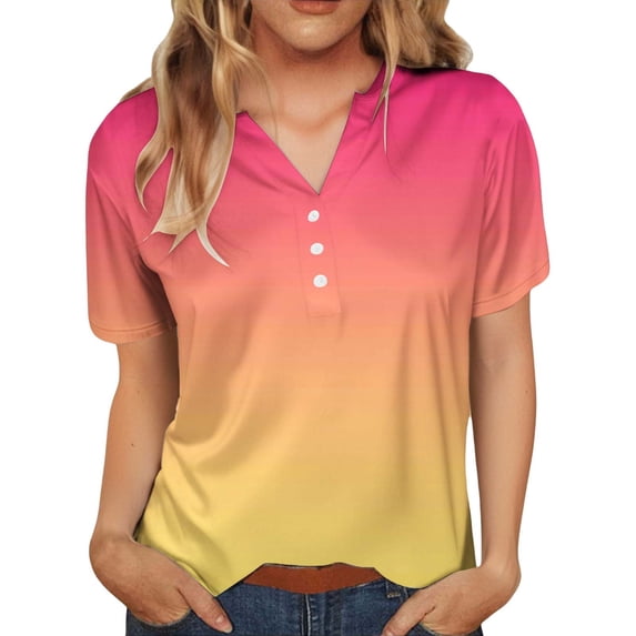 Tiqkatyck Womens Tops on Sale, Women's Fashion Casual Gradient Button V Neck T Shirt Gradient Short Sleeve Shirts for Women Oversized Tshirts for Women Black L