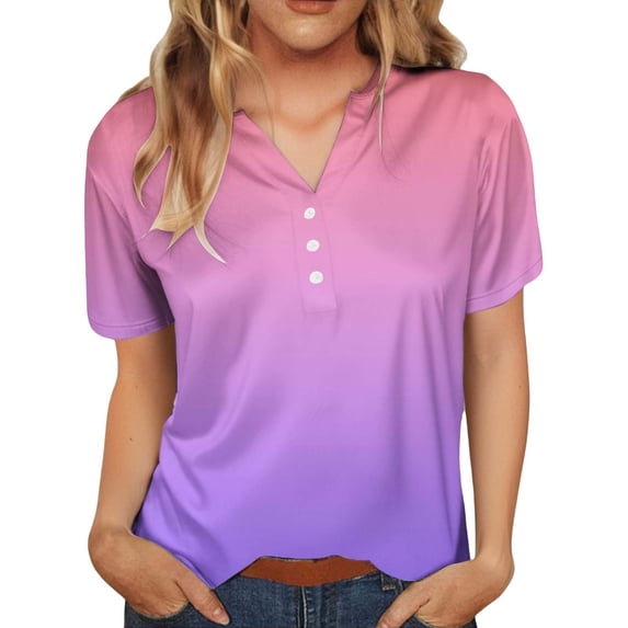 Tiqkatyck Womens Tops on Sale, Women's Fashion Casual Gradient Button V Neck T Shirt Gradient Short Sleeve Shirts for Women Oversized Tshirts for Women Khaki L
