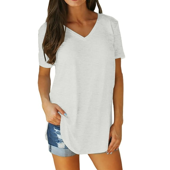 Tiqkatyck Womens Tops on Sale, Women's Summer V Neck Short Sleeve Loose Fit T Shirt With Arc Hem Large Size Solid Color Casual Shirts for Women Blouses for Women Dressy Casual White XXXXL