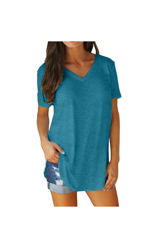 Womens Tops on Sale, Women's Summer V Neck Short Sleeve Loose Fit T Shirt With Arc Hem Large Size Solid Color Casual Shirts for Women Blouses for Women Dressy Casual Sky Blue XXXXL