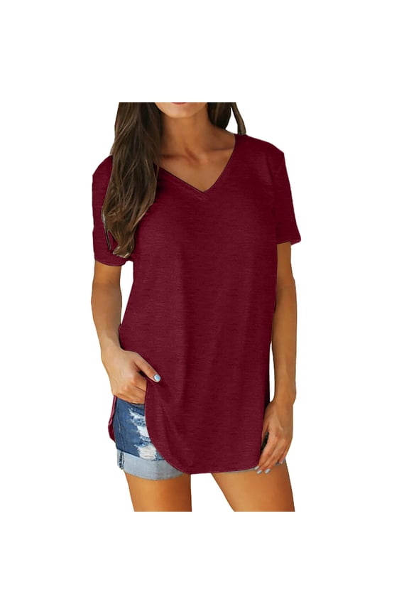 Womens Tops on Sale, Women's Summer V Neck Short Sleeve Loose Fit T Shirt With Arc Hem Large Size Solid Color Casual Shirts for Women Blouses for Women Dressy Casual Wine M