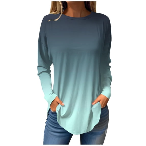 Tiqkatyck Womens Tops on Sale, Womens Casual Fall Blouse Loose Fit Tshirts Shirts Long Sleeve Tunics Tops Crew Neck Sweatshirts Gradient Long Sleeve Shirts for Women Oversized Tshirts for Women Pink S