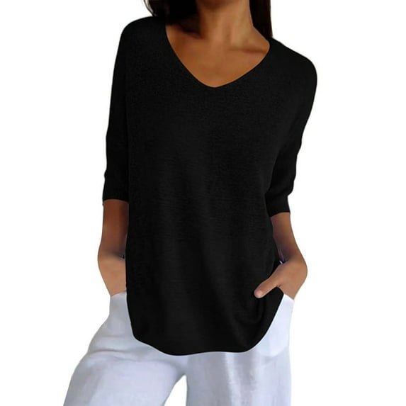 Tiqkatyck Womens Tops on Sale, Womens Short Sleeve Sweaters Tops V Neck Pullover Knit Shirts Loose Fit Blouses Basic Shirts for Women Blouses for Women Dressy Casual Black S