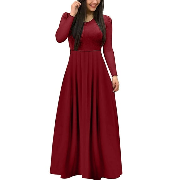 Tiqkatyck Womens Tops Women Long Sleeve Skeleton Soild Cocktail Party Elegant Casual Fashion Evening Party Long Dress Fall Dresses for Women 2023 Wine