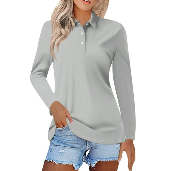 Tiqkatyck Womens Tops on Sale, Women's Lapel Neck Slim Fit Casual Fashion Top Long Sleeve Shirts for Women Polo Shirts for Women Grey XXXL