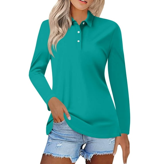 Tiqkatyck Womens Tops on Sale, Women's Lapel Neck Slim Fit Casual Fashion Top Long Sleeve Shirts for Women Polo Shirts for Women Sky Blue XXXL