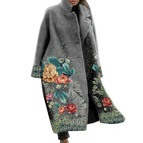Tiqkatyck Womens Winter Coats Clearance Women's Winter Coat Long Overcoat Floral Print Trench Coat Thermal Warm Heated Coat Double Breasted Lapel Windproof Oversized Street Jacket for Women Grey