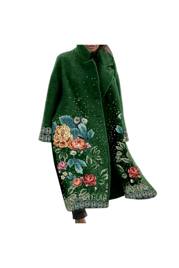 Womens Winter Coats Clearance Women's Winter Coat Long Overcoat Floral Print Trench Coat Thermal Warm Heated Coat Double Breasted Lapel Windproof Oversized Street Jacket for Women Green
