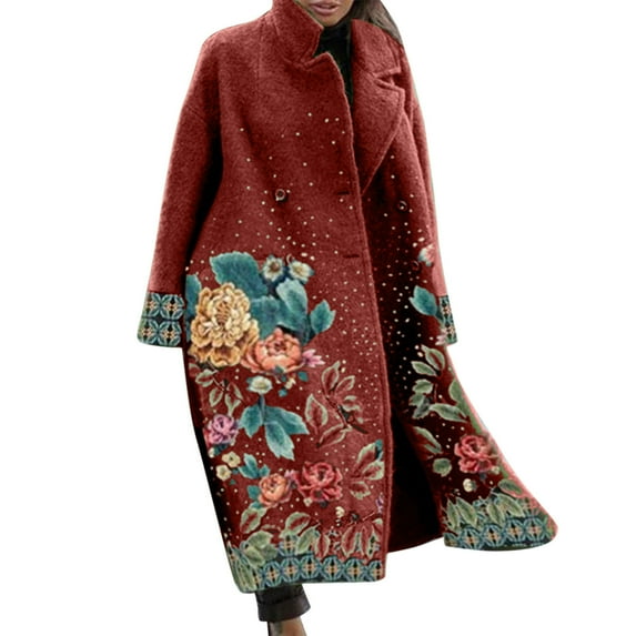 Tiqkatyck Womens Winter Coats Clearance Women's Winter Coat Long Overcoat Floral Print Trench Coat Thermal Warm Heated Coat Double Breasted Lapel Windproof Oversized Street Jacket for Women Red
