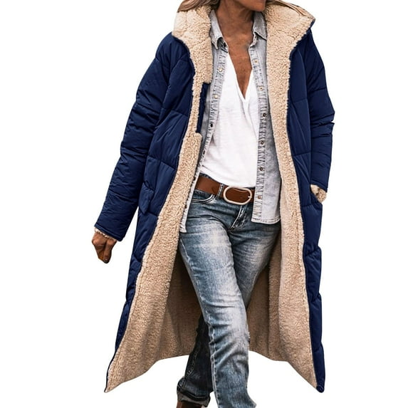 Tiqkatyck Womens Winter Coats, Women Fashion Warm Winter Coat Double Sided Long Sleeve Hooded Down Jacket Fleece Jacket Long Puffer Jacket Womens, Winter Jackets for Women Navy XXXL