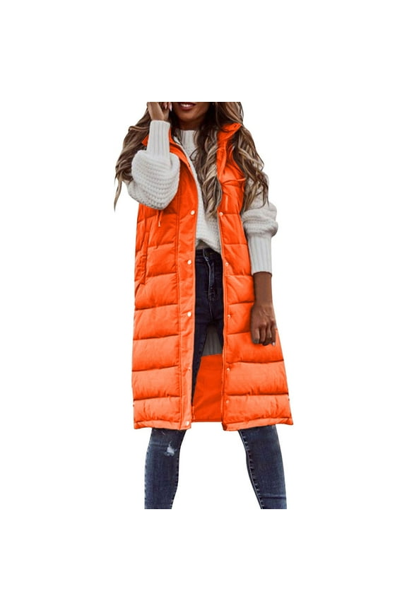 Womens Winter Coats, Women's Winter Sleeveless Vest Long Hooded Coat Warm Down Coat With Pockets Outdoor Quilted Jacket Long Puffer Jacket Womens, Winter Jackets for Women Orange S