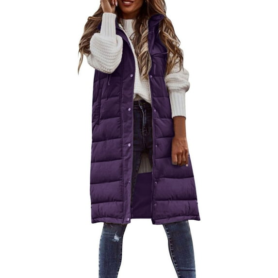 Tiqkatyck Womens Winter Coats, Women's Winter Sleeveless Vest Long Hooded Coat Warm Down Coat With Pockets Outdoor Quilted Jacket Long Puffer Jacket Womens, Winter Jackets for Women Purple M
