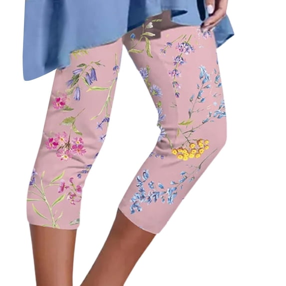 Tiqkatyck Workout Leggings for Women, Womens Casual Floral Print Stretch Cropped Pants Slim Fitting Tight Leggings Pants, Shorts for Women Pink