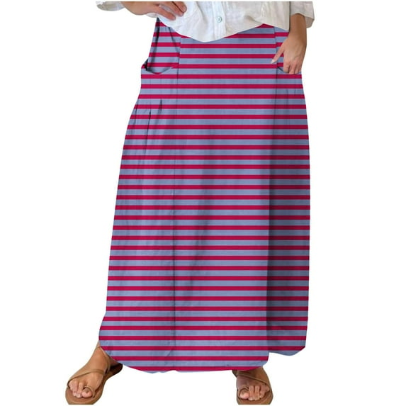 Tiqkatyck women's Skirts Clearance, Women's Casual Loose and Fashion Striped Print Beach Long Skirts with Pocket Fall Skirts for Women 2024 Hot Pink XXL