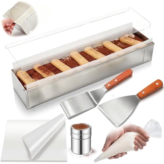 Tiramisu Baking Kit with Tiramisu Pans 304 Stainless Steel Rectangle Cake Pans, Scraper, Cocoa Powder Sieve, 100 Piping Bags and 30 Baking Papers for Making Desserts Cheesecake