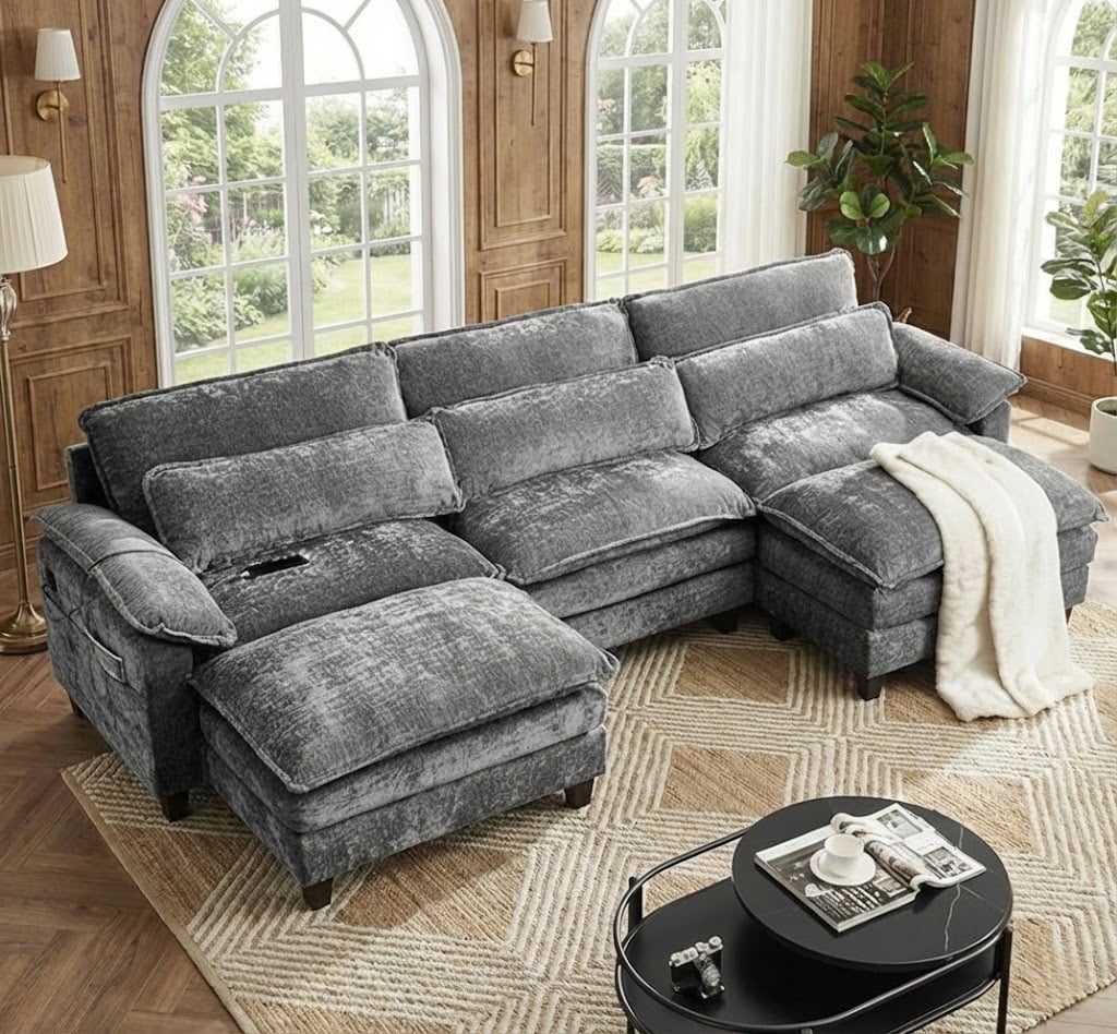 TiramisuBest 113" Cloud Couch Modular Sectional Sofa with 2 Ottomans, Premium Chenille Fabric Sectional Couch with Deep Seat for Living Room Bedroom (Gray)