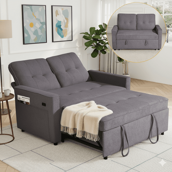 TiramisuBest 3 in 1 Sleeper Sofa Bed, 55'' Convertible Pull Out Couch with Side Pockets, Loveseat Sleeper Sofa with Adjustable Backrest for Living Room Bedroom Apartment (Light Grey)