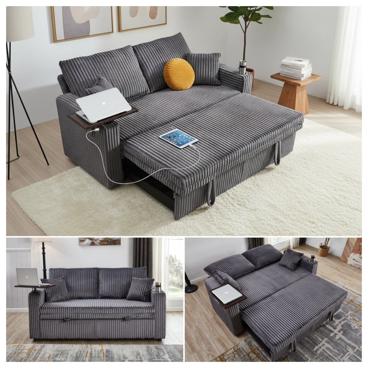 TiramisuBest 3 in 1 Sleeper Sofa Bed, 65" Convertible Pull Out Couch with Small Table, Corduroy Loveseat Sofa for Living Room Apartment Bedroom (Charcoal Gray)