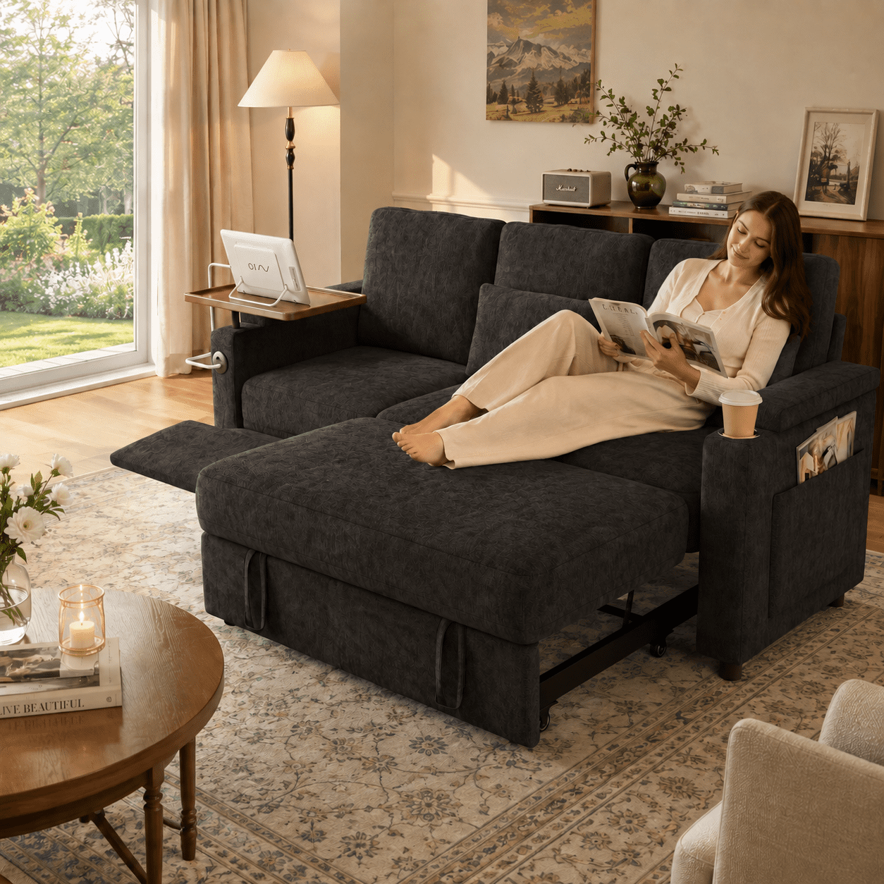 TiramisuBest 81" 3-in-1 Convertible Sleeper Sofa Bed with Power Recliner,Chenille Sofa Couch with Tray Table & USB for Living Room,Black
