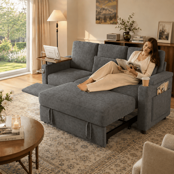 TiramisuBest 81" 3-in-1 Convertible Sleeper Sofa Bed with Power Recliner,Chenille Sofa Couch with Tray Table & USB for Living Room,Dark Gray