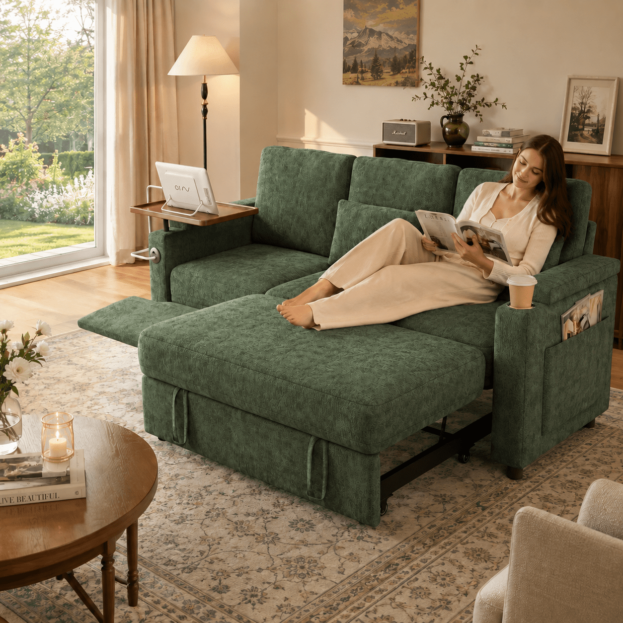 TiramisuBest 81" 3-in-1 Convertible Sleeper Sofa Bed with Power Recliner,Chenille Sofa Couch with Tray Table & USB for Living Room,Green