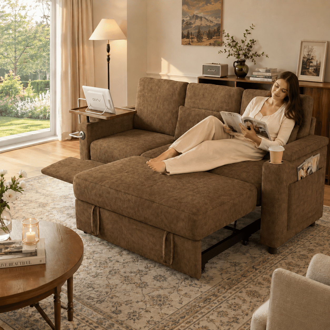TiramisuBest 81" 3-in-1 Convertible Sleeper Sofa Bed with Power Recliner,Chenille Sofa Couch with Tray Table & USB for Living Room,Khaki