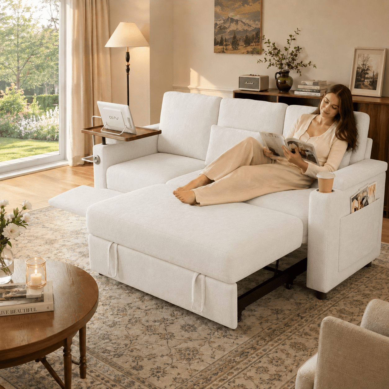 TiramisuBest 81" 3-in-1 Convertible Sleeper Sofa Bed with Power Recliner,Chenille Sofa Couch with Tray Table & USB for Living Room,Off White
