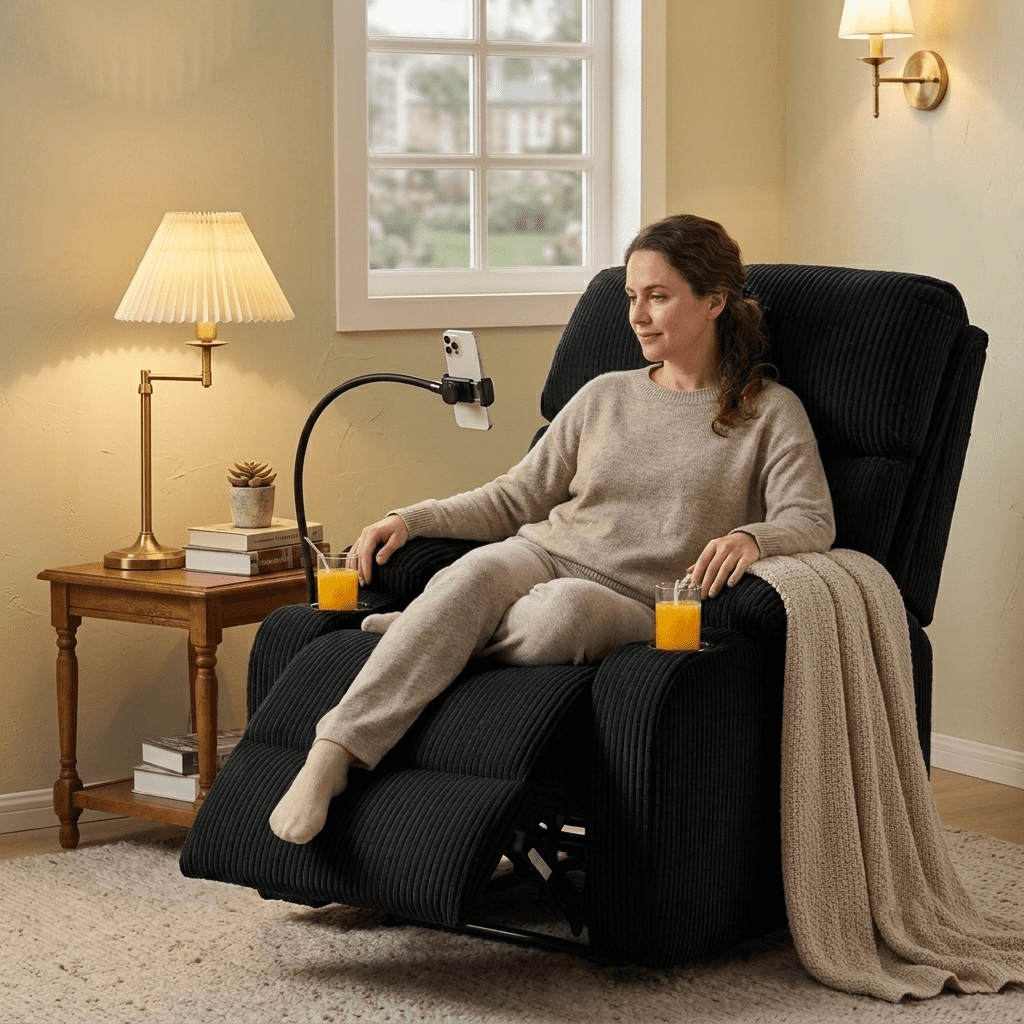 TiramisuBest Adjustable Manual Recliner Chair,Ergonomic Corduroy Lounge Chair with Cup Holders & Phone Stand for Living Room,Black