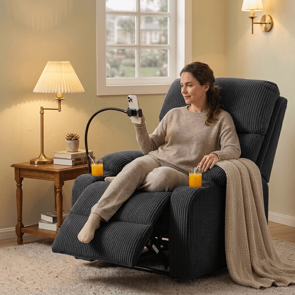 TiramisuBest Adjustable Manual Recliner Chair,Ergonomic Corduroy Lounge Chair with Cup Holders & Phone Stand for Living Room,Dark Gray