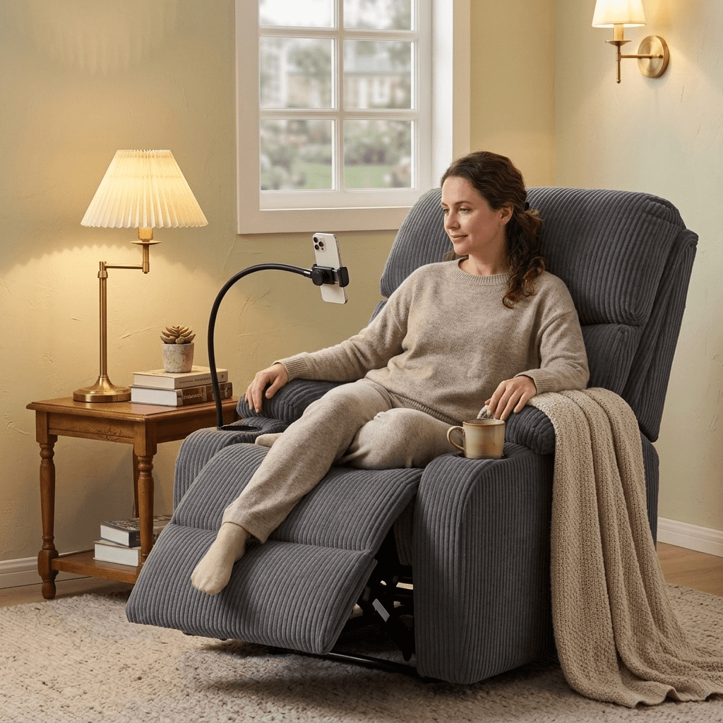 TiramisuBest Adjustable Manual Recliner Chair,Ergonomic Corduroy Lounge Chair with Cup Holders & Phone Stand for Living Room,Light Gray