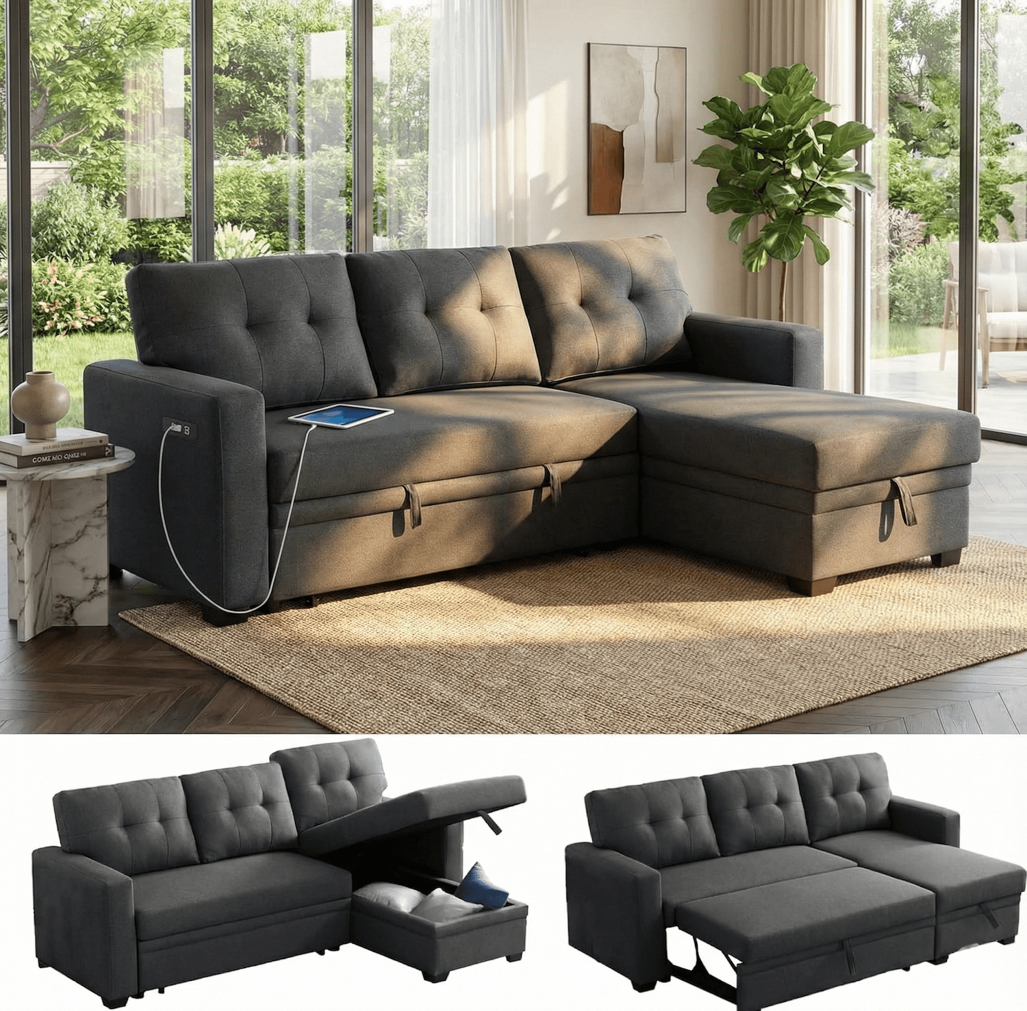 TiramisuBest Convertible Sofa Bed Couches for Living Room, 82" Sleeper Sofa with Pull Out Couch Bed, Linen Fabric L Shape Sectional Couch with Reversible Storage Chaise, USB Charging (Dark Gray)