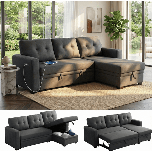 TiramisuBest Convertible Sofa Bed Couches for Living Room, 82" Sleeper Sofa with Pull Out Couch Bed, Linen Fabric L Shape Sectional Couch with Reversible Storage Chaise, USB Charging (Dark Gray)