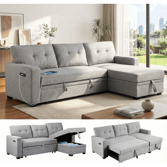 TiramisuBest Convertible Sofa Bed Couches for Living Room, 82" Sleeper Sofa with Pull Out Couch Bed, Linen Fabric L Shape Sectional Couch with Reversible Storage Chaise, USB Charging (Light Gray)