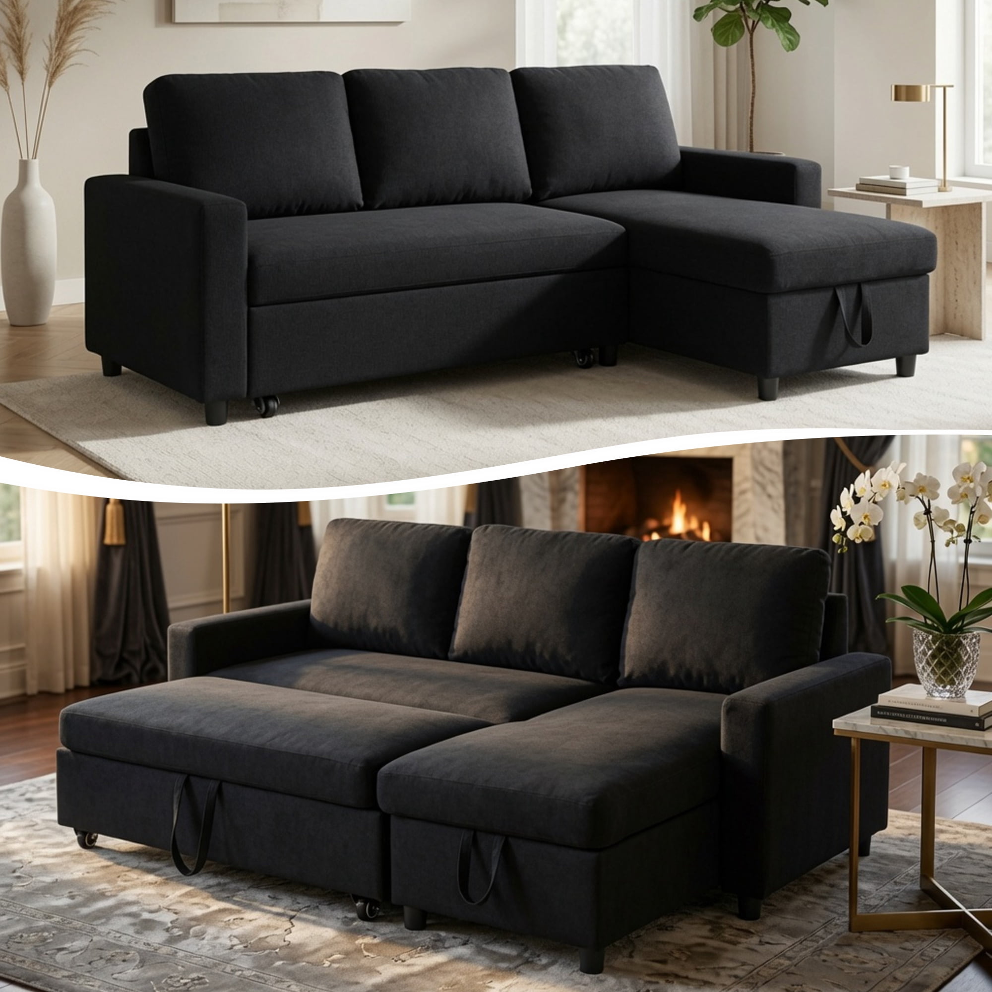 TiramisuBest L-Shaped Convertible Sofa Bed with Reversible & Storage Chaise,84"W Fluffy Flannel Sectional Sleeper for Living Room,Black