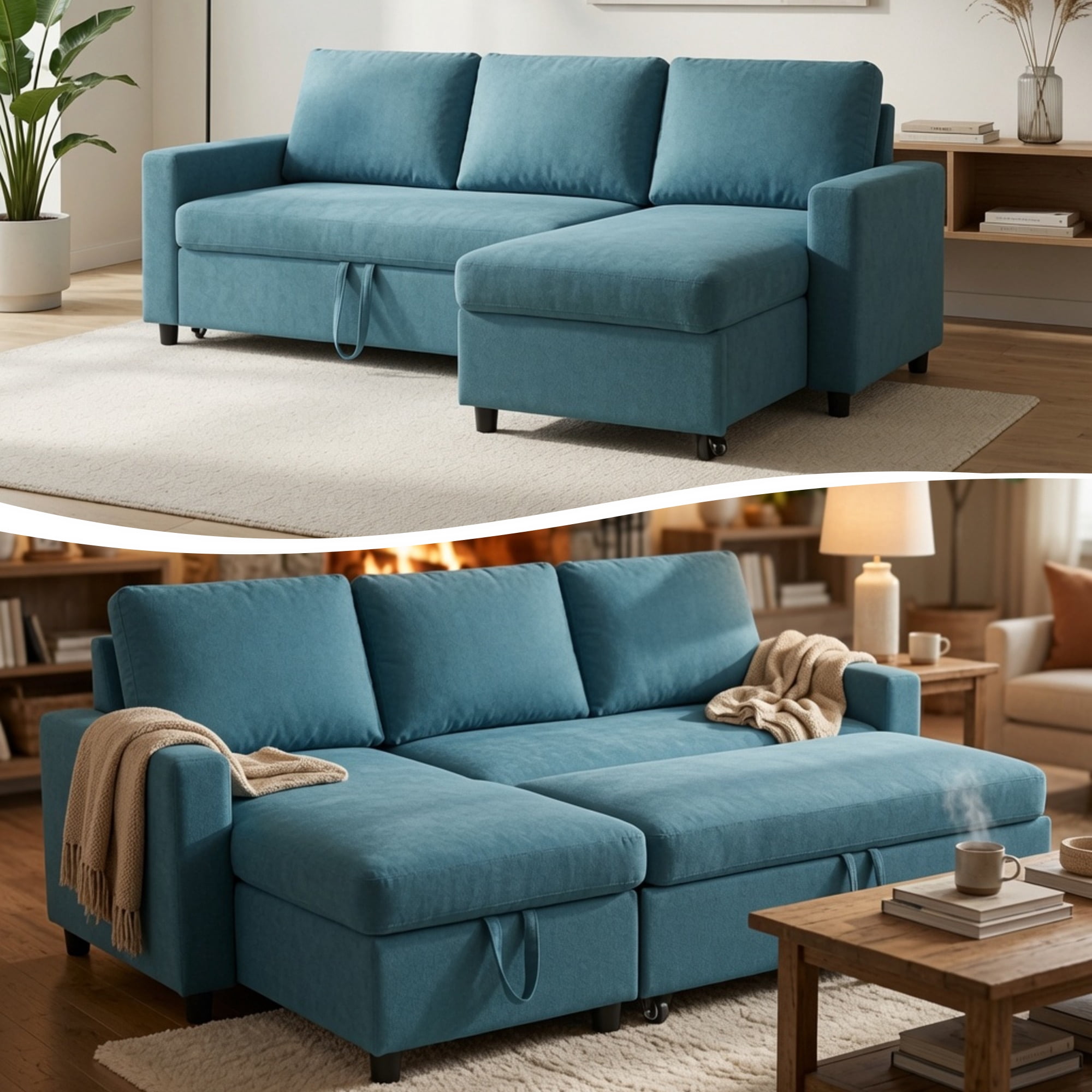 TiramisuBest L-Shaped Convertible Sofa Bed with Reversible & Storage Chaise,84"W Fluffy Flannel Sectional Sleeper for Living Room,Blue