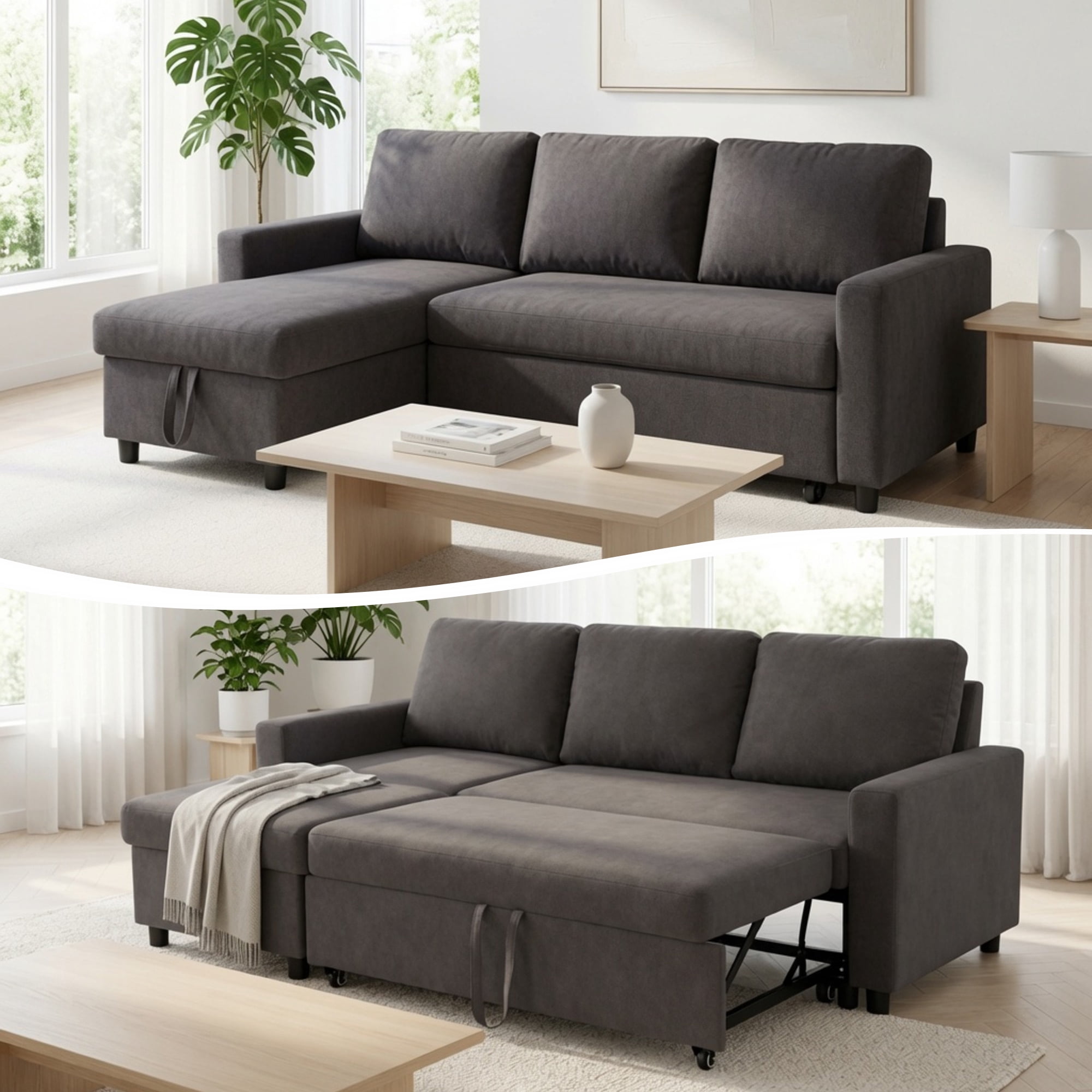 TiramisuBest L-Shaped Convertible Sofa Bed with Reversible & Storage Chaise,84"W Fluffy Flannel Sectional Sleeper for Living Room,Dark Brown