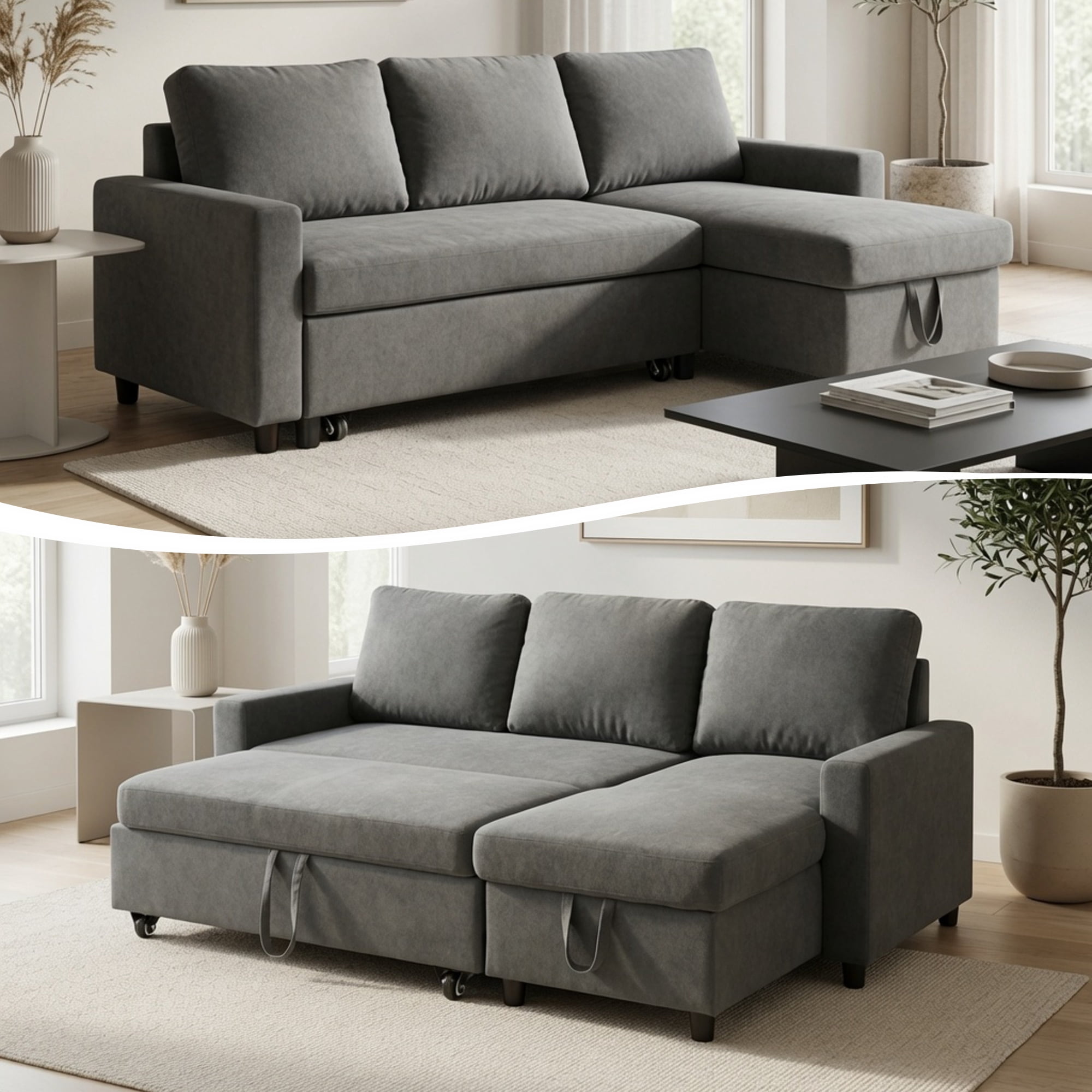 TiramisuBest L-Shaped Convertible Sofa Bed with Reversible & Storage Chaise,84"W Fluffy Flannel Sectional Sleeper for Living Room,Dark Gray