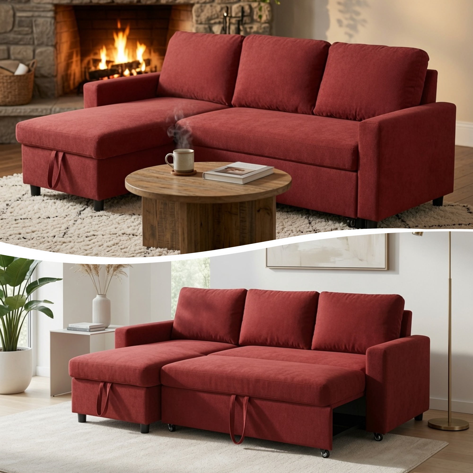 TiramisuBest L-Shaped Convertible Sofa Bed with Reversible & Storage Chaise,84"W Fluffy Flannel Sectional Sleeper for Living Room,Red