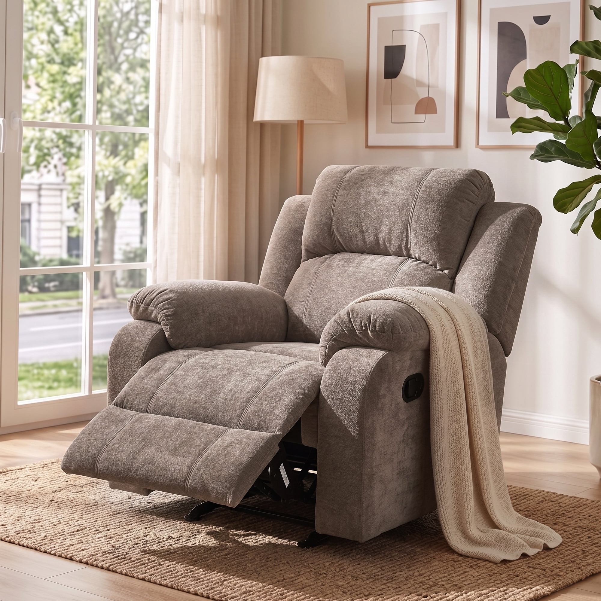 TiramisuBest Manual Recliner Chair,Chenille Upholstered Adjustable Lounge Armchair for Living Room,Brown
