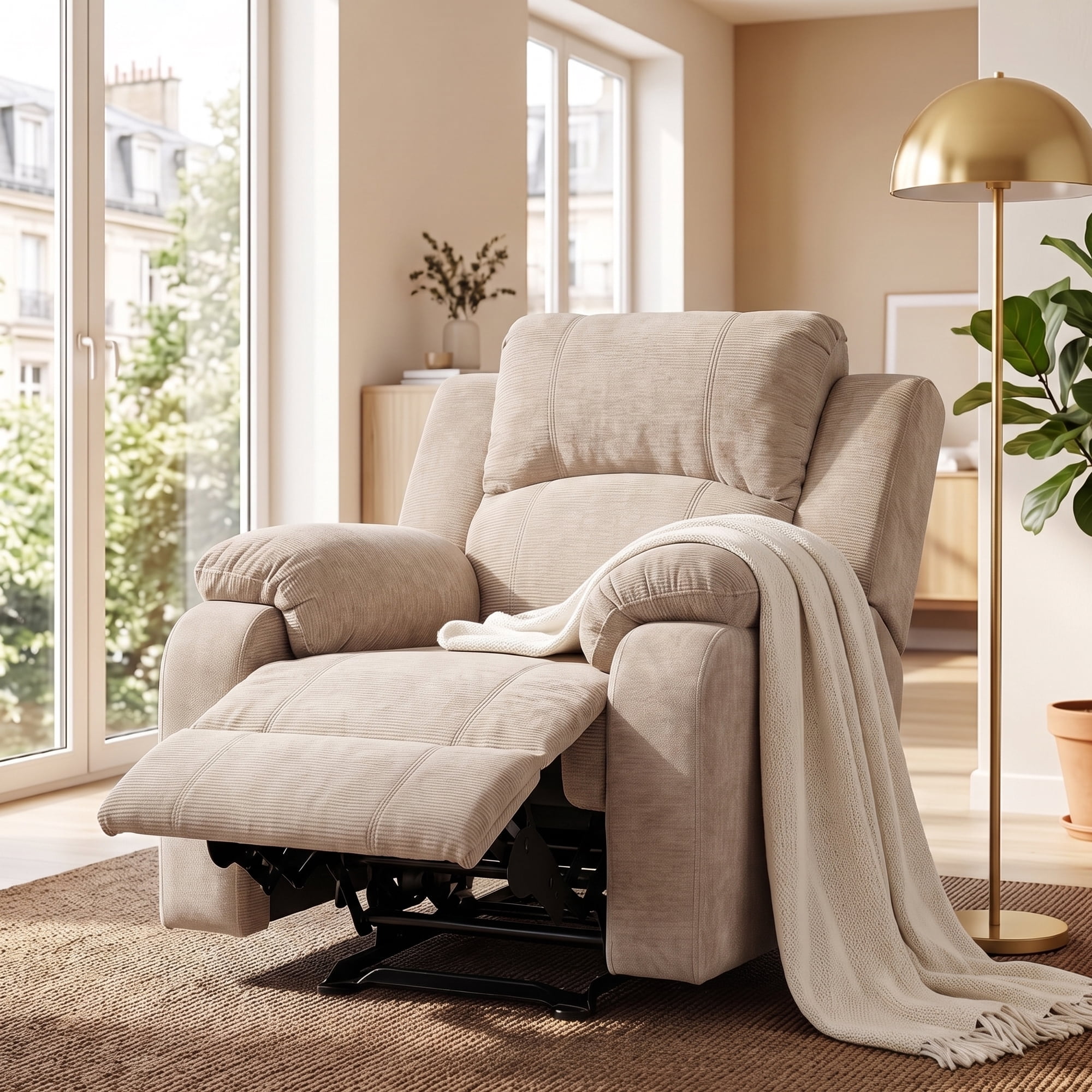 TiramisuBest Manual Recliner Chair,Chenille Upholstered Adjustable Lounge Armchair for Living Room,Oatmeal