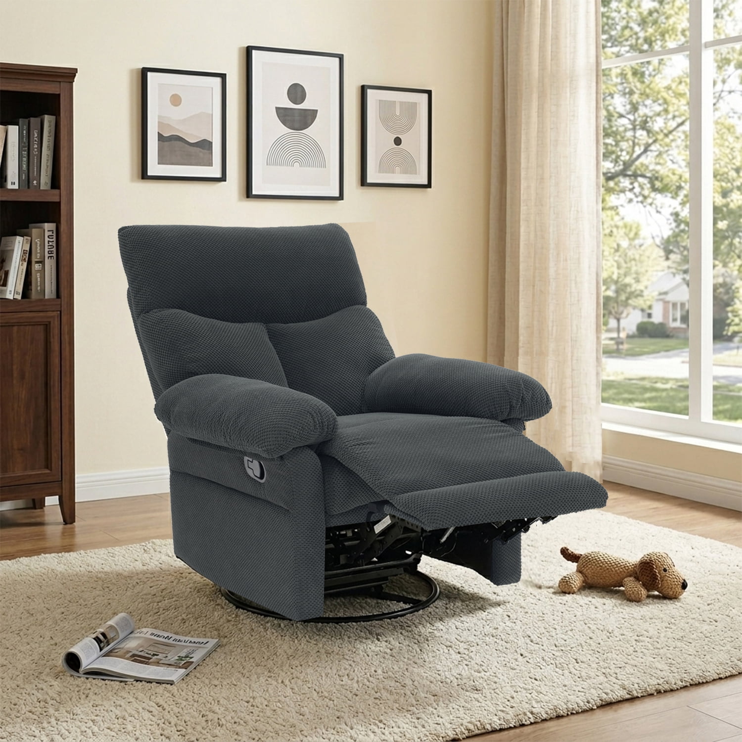 TiramisuBest Manual Swivel Rocker Recliner Chair,Overstuffed Fabric Glider Armchair for Living Room,Dark Gray