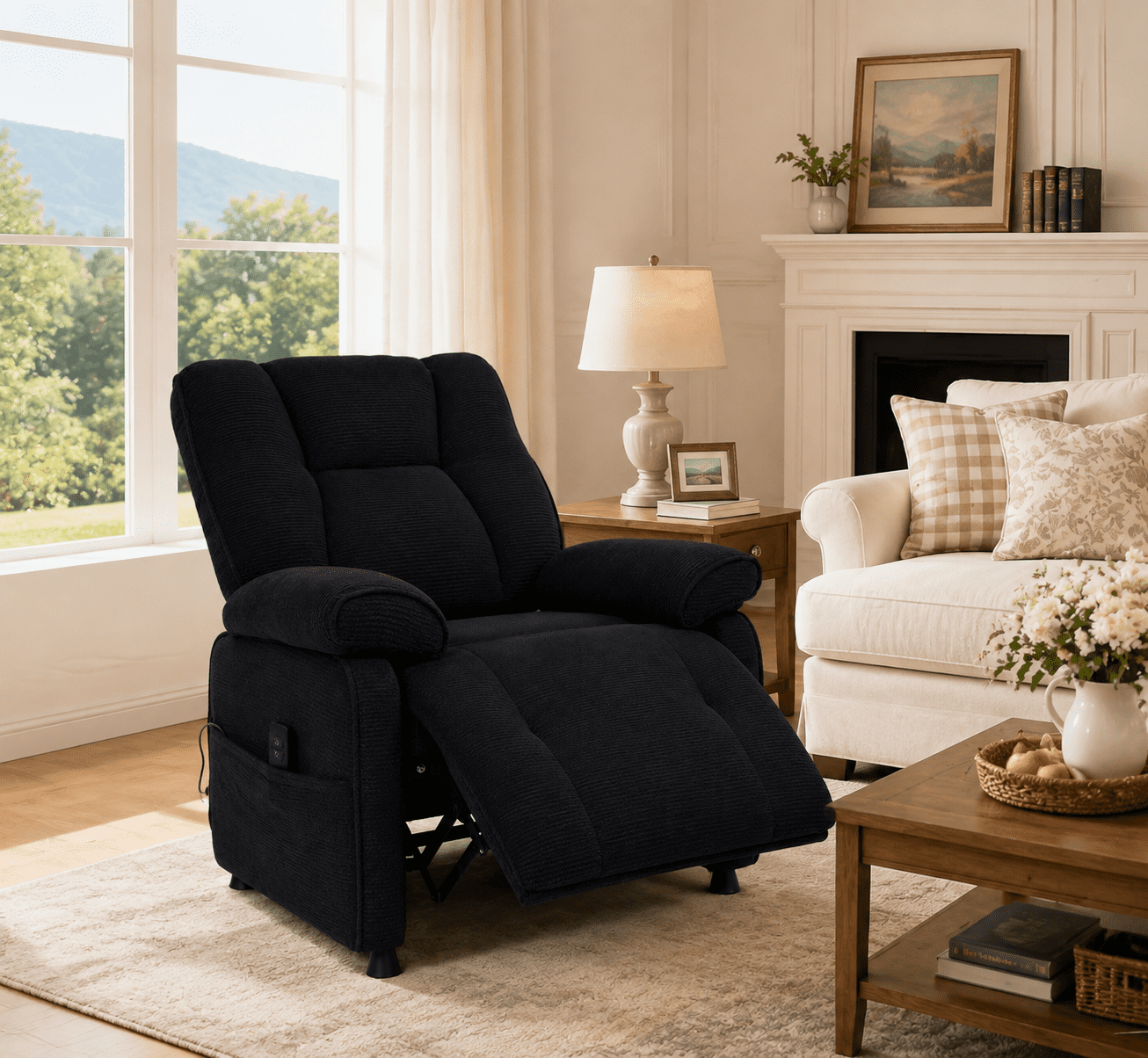 TiramisuBest Power Recliner Chair,Ergonomic Chenille Electric Reclining Lounge Chair with USB Ports & Side Pocket for Living Room,Bedroom,Black + Dark Gray